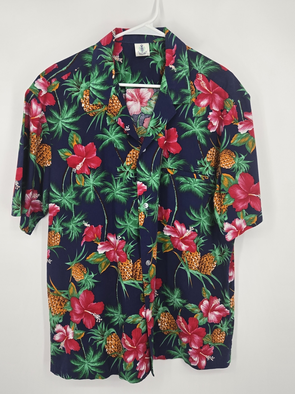 Royal Creations Hawaii Navy Red Floral & Pineapple Print Hawaiian Shirt XL 7051